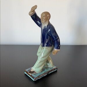 Shiwan and Mudman Porcelain Martial Artist Figurine in Blue and Green